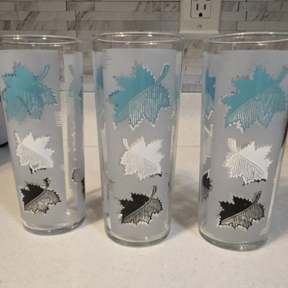 Vintage Libbey Frosted Leaf Aqua & Black MCM Tumble Tea Glasses (3) Tom Collins